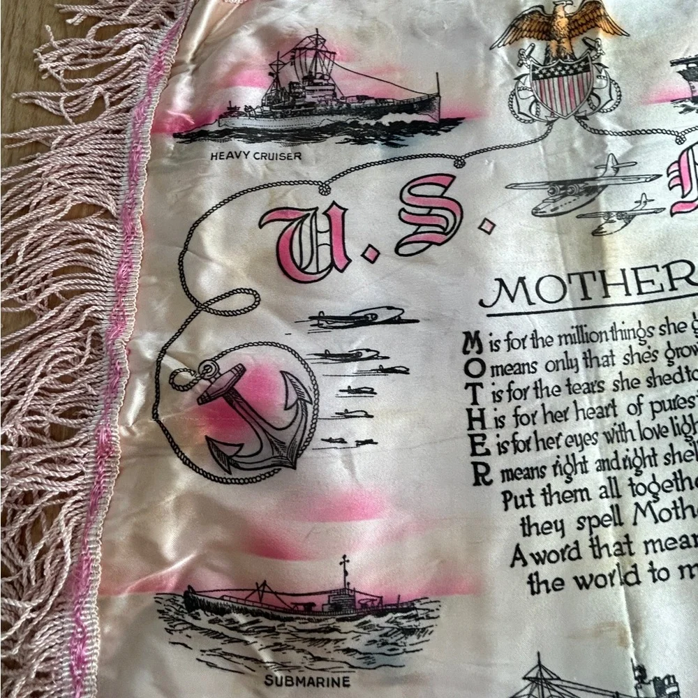 Antique Pillow Sham Silk US Navy Sailor Mother Poem Original Military